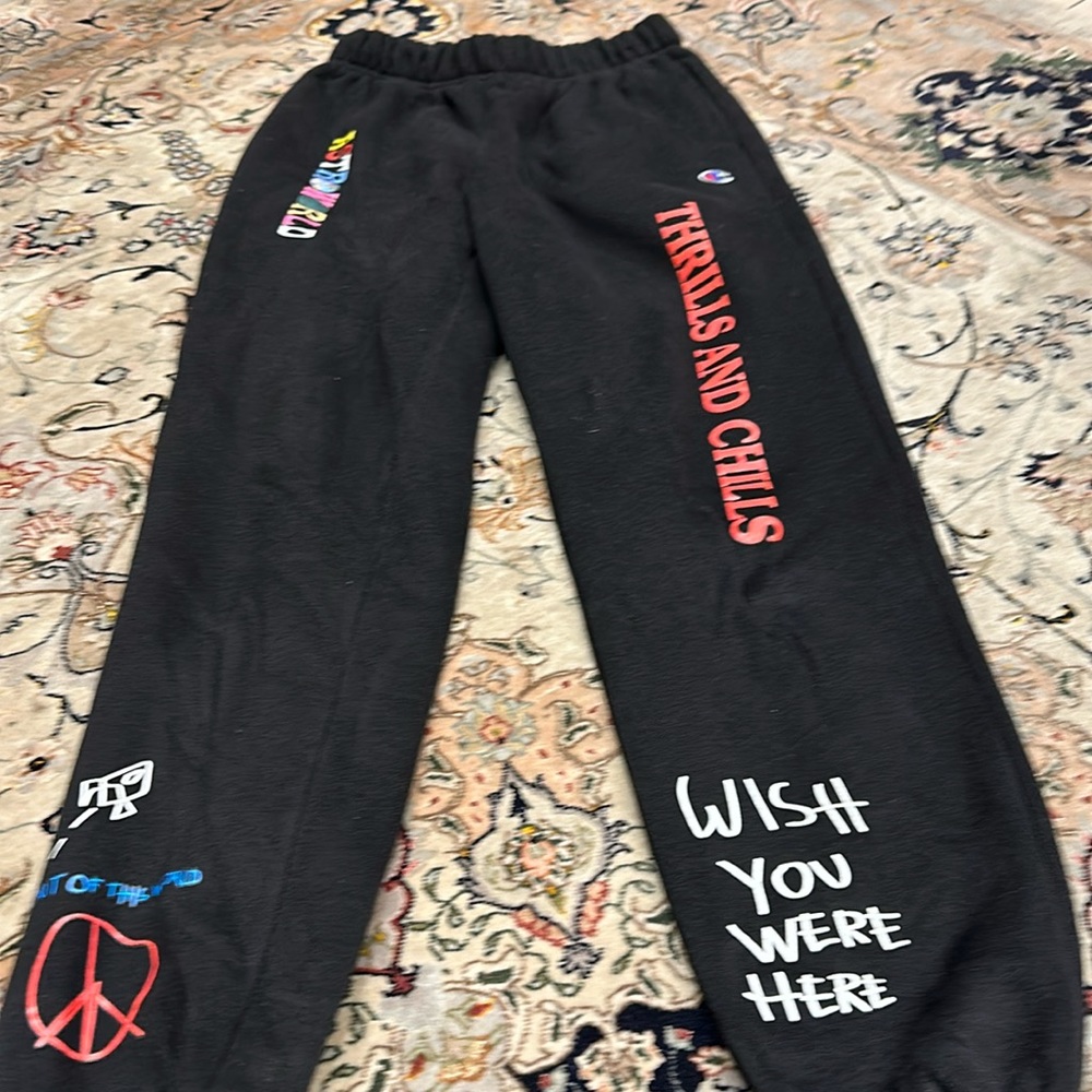 Champion Black Sweatpants with Red & White Graphics